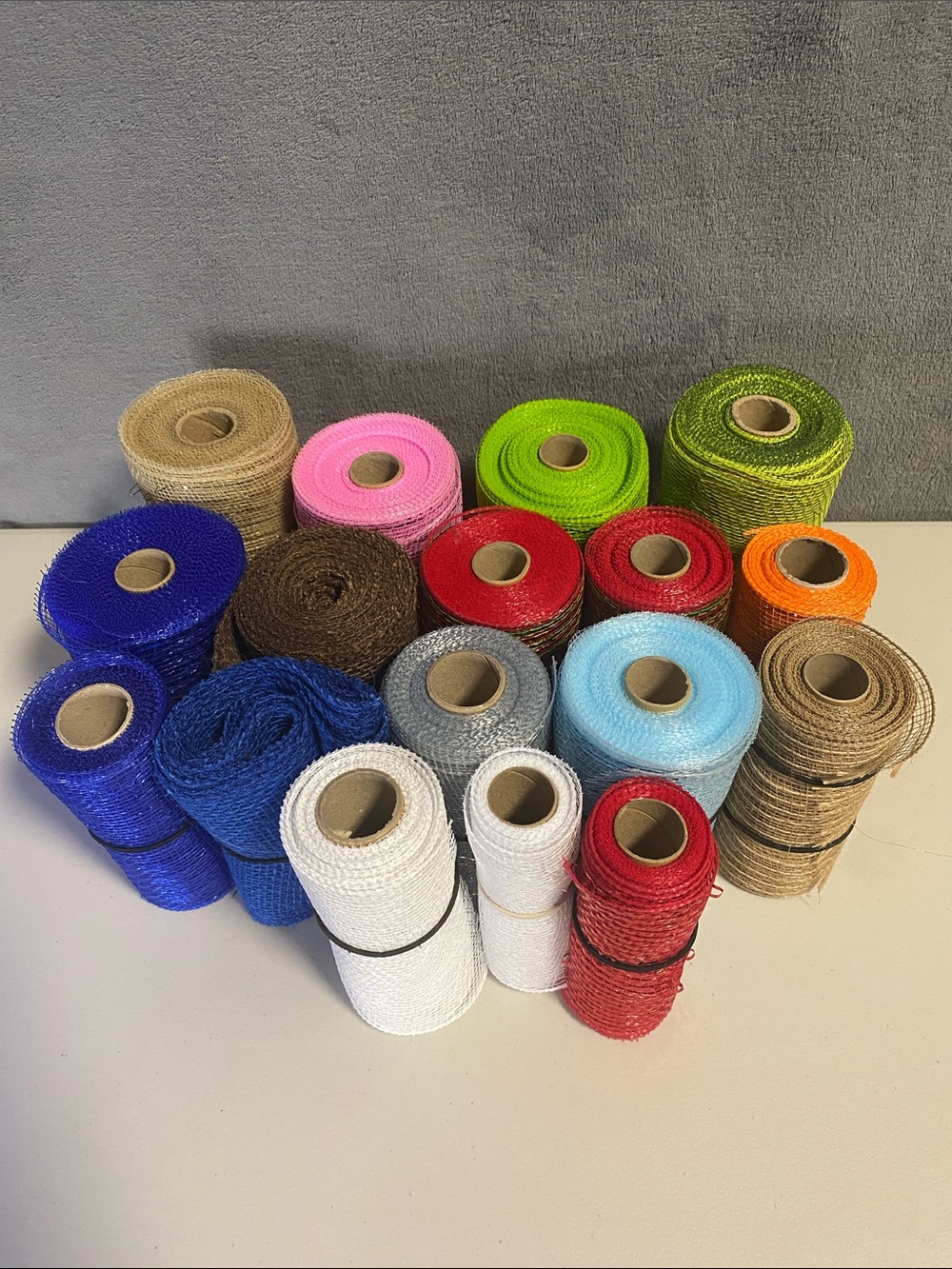 Lot of 17 Rolls of Opened and Used Deco Polymesh and Burlap